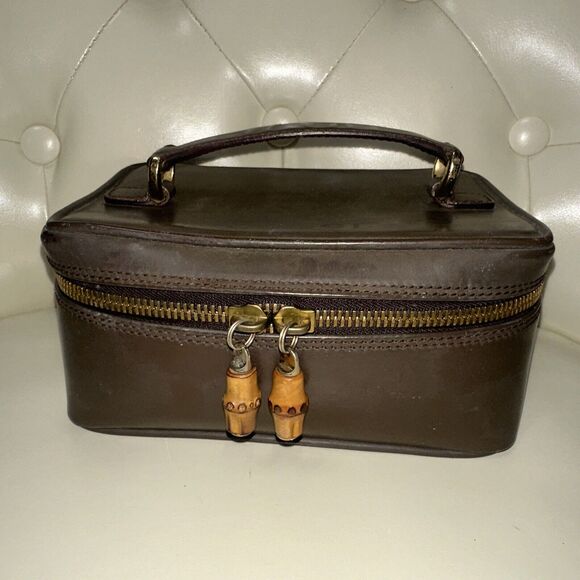 Authentic GUCCI Rare Vanity Bamboo Zipper Cosmetic Pouch Bag Mini Handbag Brown - Picture 3 of 11